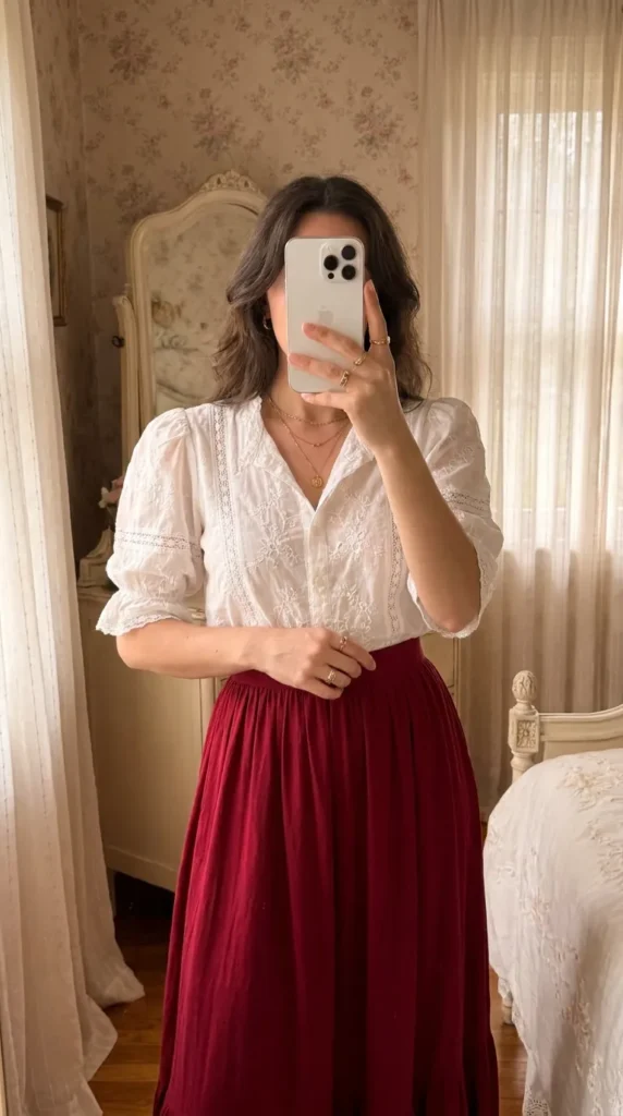 White puff-sleeve blouse with long burgundy skirt in romantic Long Red Skirt Outfit Ideas for Women.