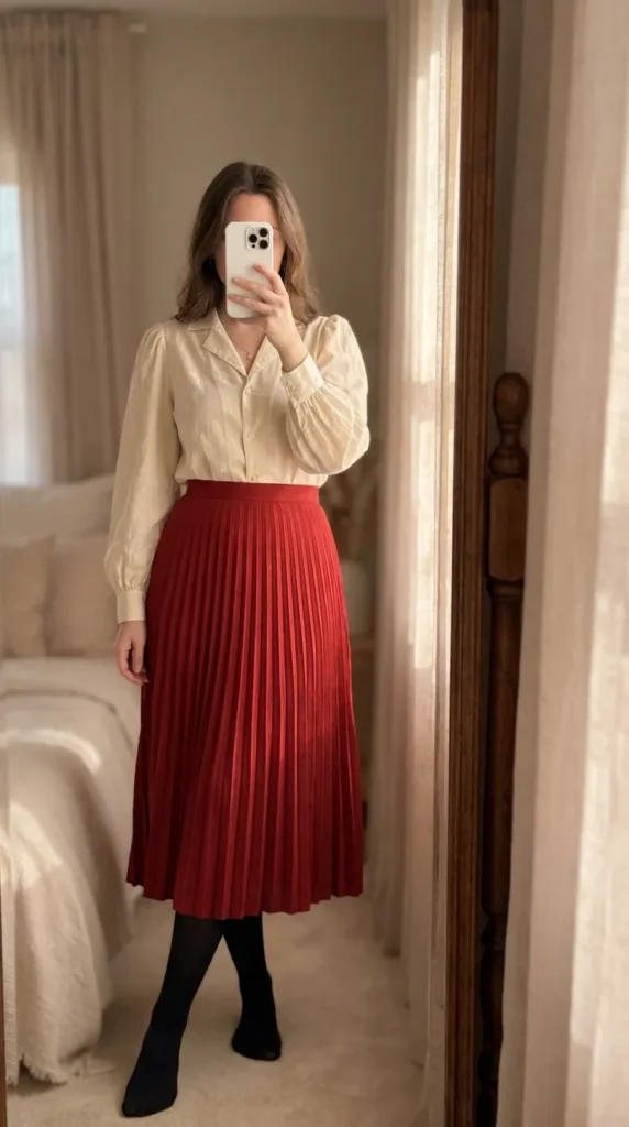 Fall Long Red Skirt Outfit Ideas with a puff-sleeve blouse, pleated red skirt, and tights.