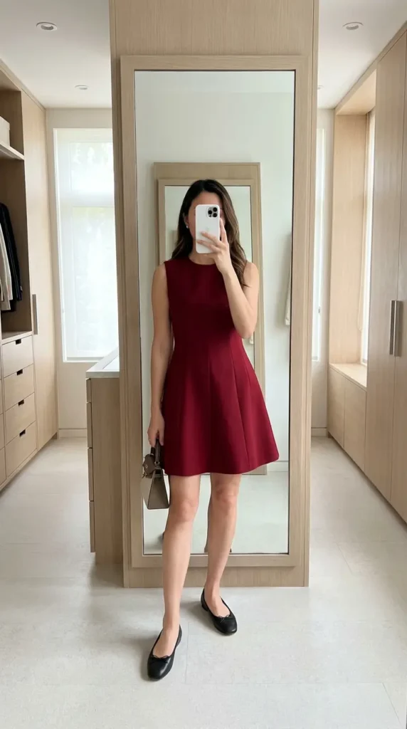 Burgundy A-line pleated dress with ballet flats, a classic Red Dress Outfits to Steal This Summer look