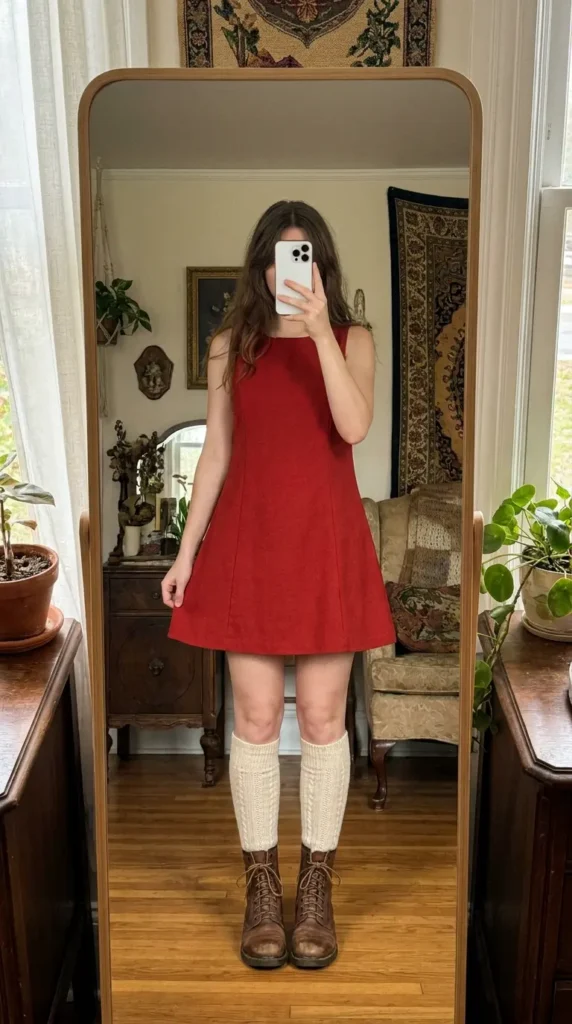Red Dress Winter Outfits retro look: red A-line mini dress with tall socks and lace-up boots.