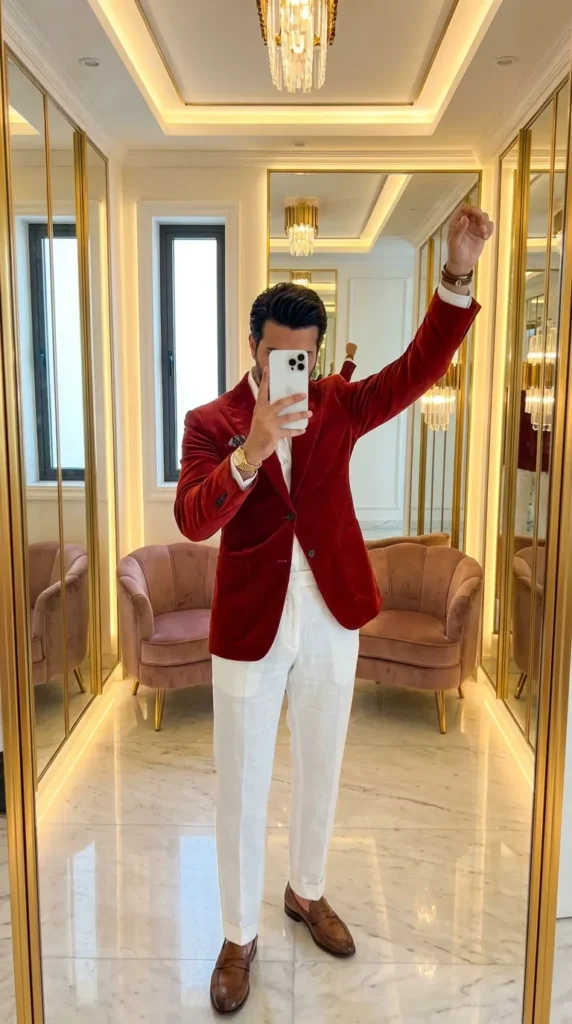 Man in red velvet blazer and white trousers luxury selfie from 20 Red Outfit Ideas for Men That Actually Slay
