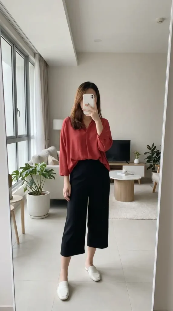 Red blouse with black wide-leg pants, a smart Casual Red Black & White Outfits work outfit.