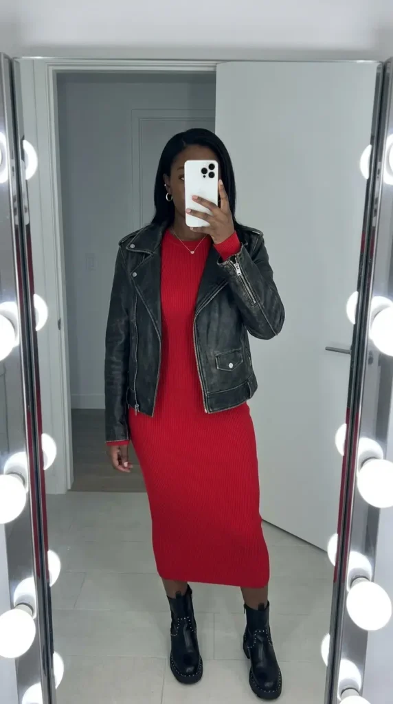 Edgy Black woman in red ribbed bodycon dress with black leather jacket and boots for red dress outfit ideas designed for Black women.