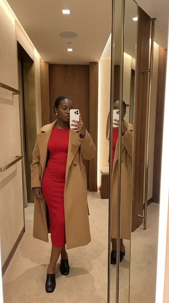 Modern Black woman in red bodycon dress under long camel coat with loafers for red dress outfit ideas designed for Black women