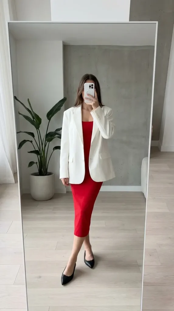 Red bodycon midi dress layered under a white blazer, chic Red Dress Outfits to Steal This Summer idea