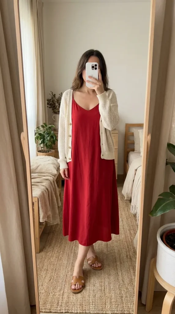 : Red cami maxi dress layered with a cream cardigan, cozy Red Dress Outfits to Steal This Summer combo