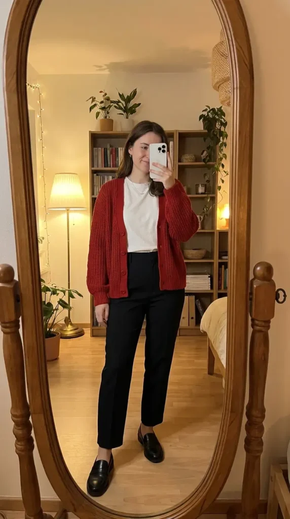 Red cardigan over white tee with black trousers, a simple Casual Red Black & White Outfits look.