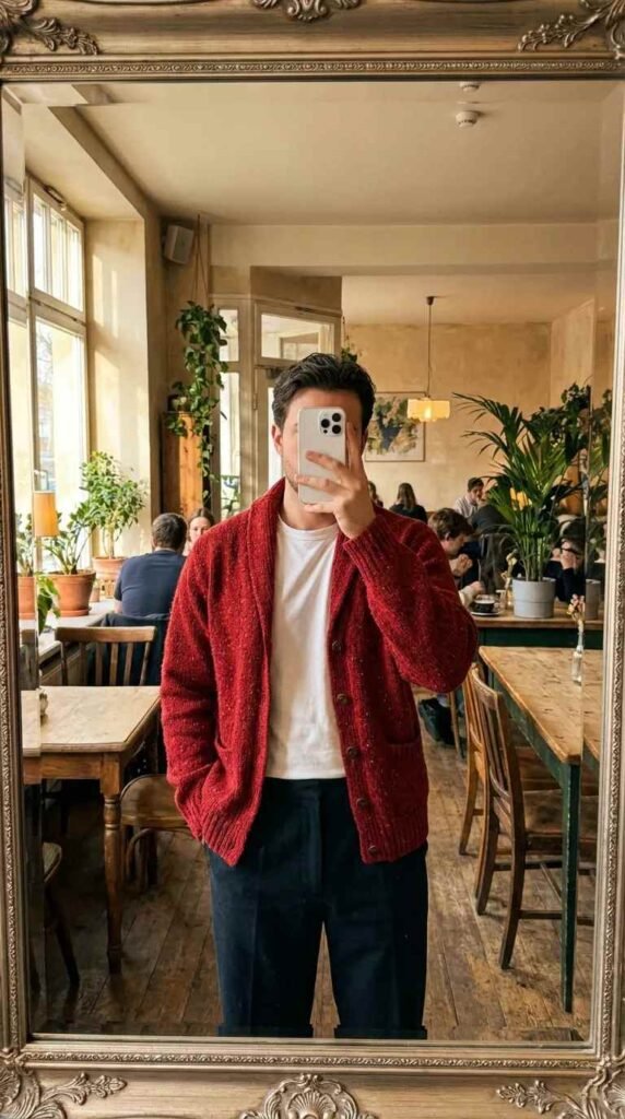 Man in red cardigan over white tee cafe mirror selfie from 20 Red Outfit Ideas for Men That Actually Slay