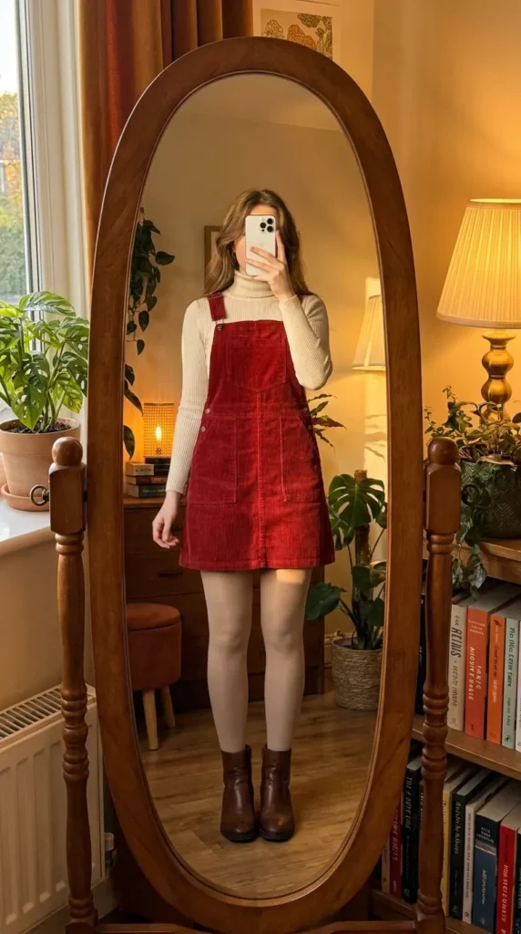 Red Dress Winter Outfits cozy pick: red corduroy overall dress with a cream turtleneck.