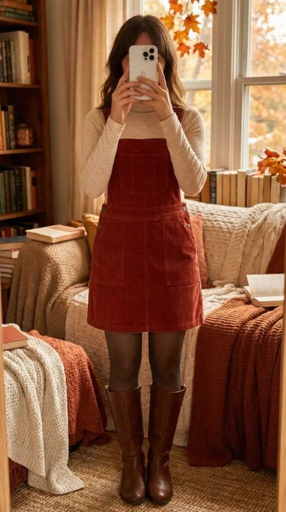 "Casual Red Dress Outfit Ideas: red corduroy overall dress with turtleneck and tall brown boots"
