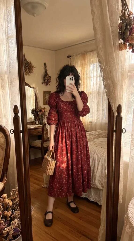 Cottagecore red floral puff-sleeve dress with Mary Janes, one of the best Red Dress Outfits to Steal This Summer