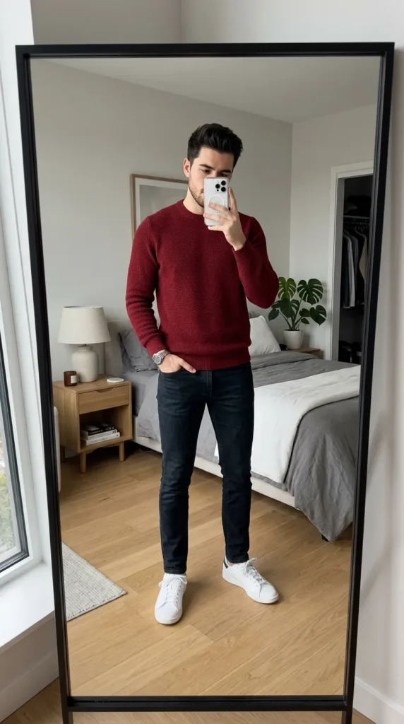 Man in red crewneck sweater and dark jeans bedroom selfie from 20 Red Outfit Ideas for Men That Actually Slay