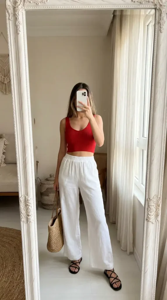 Red tank top with white wide-leg pants, a breezy Casual Red Black & White Outfits summer idea.