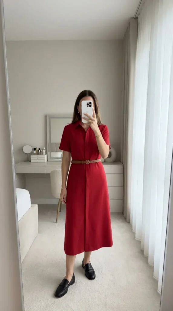 "Casual Red Dress Outfit Ideas: red shirt dress belted with sleek black leather loafers"
