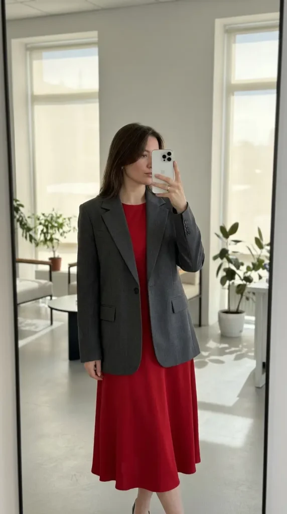 Red Dress Winter Outfits office style: red midi dress layered under an oversized grey blazer.