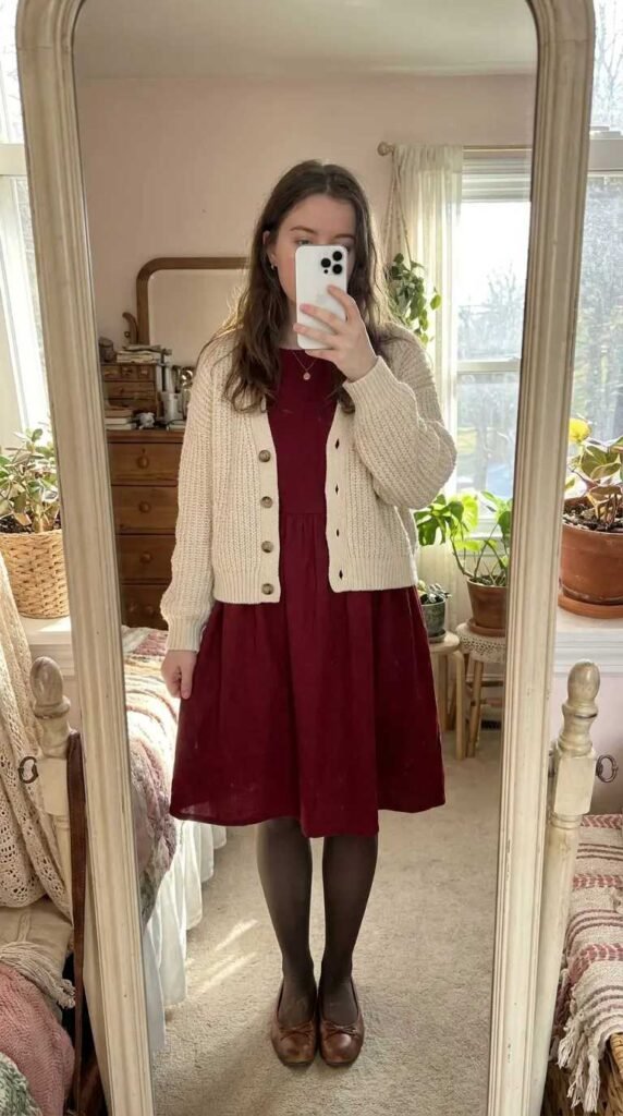 Red Dress Winter Outfits inspo: burgundy dress under a cream cardigan with brown ballet flats.