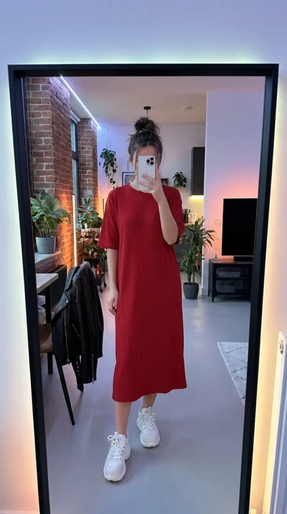 "Casual Red Dress Outfit Ideas: red ribbed t-shirt maxi dress with chunky white sneakers"
