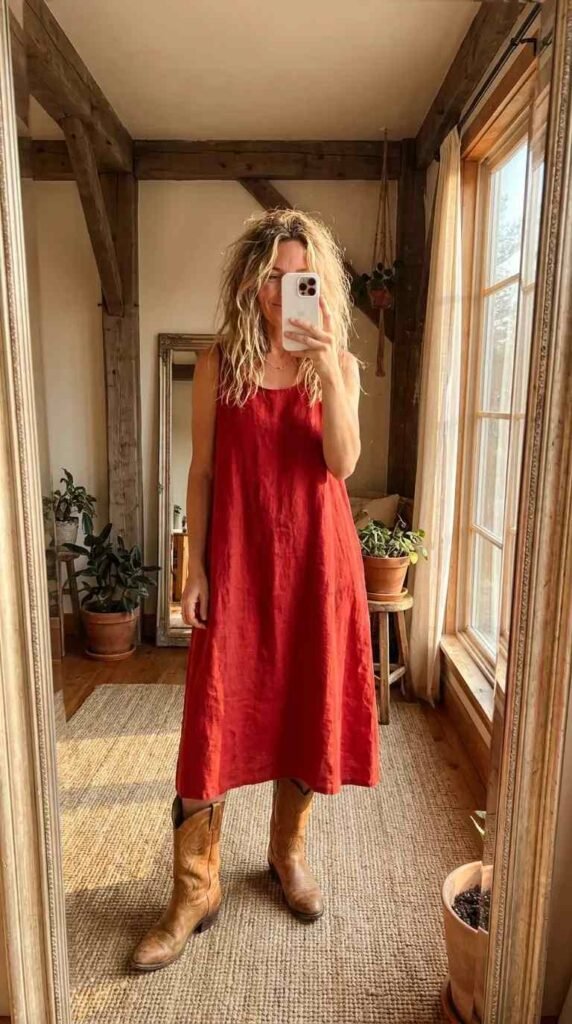 Red Dress Winter Outfits idea pairing a red slip dress with tan cowboy boots for a boho look.