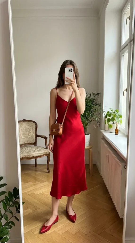 "Casual Red Dress Outfit Ideas: red silk slip dress with a crossbody bag and red flats"
