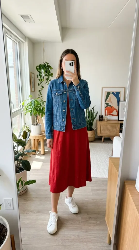 Red Dress Winter Outfits casual pick: red midi dress layered under a classic denim jacket.