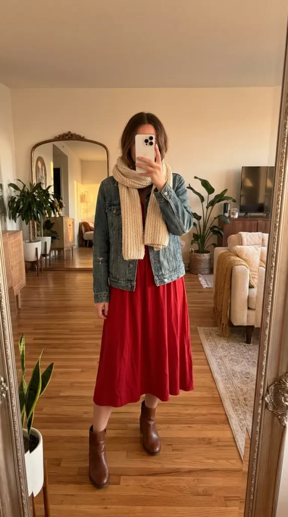 "Casual Red Dress Outfit Ideas: red midi dress layered with a denim jacket, scarf, and ankle boots"
