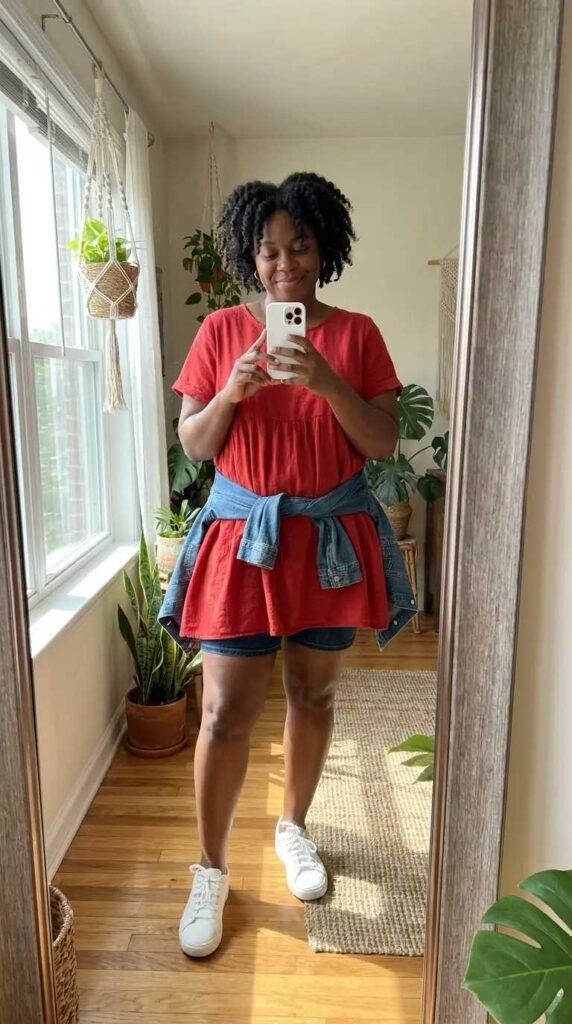 Smiling Black woman with curly hair in red babydoll top, denim shorts and tied jacket for red dress outfit ideas designed for Black women