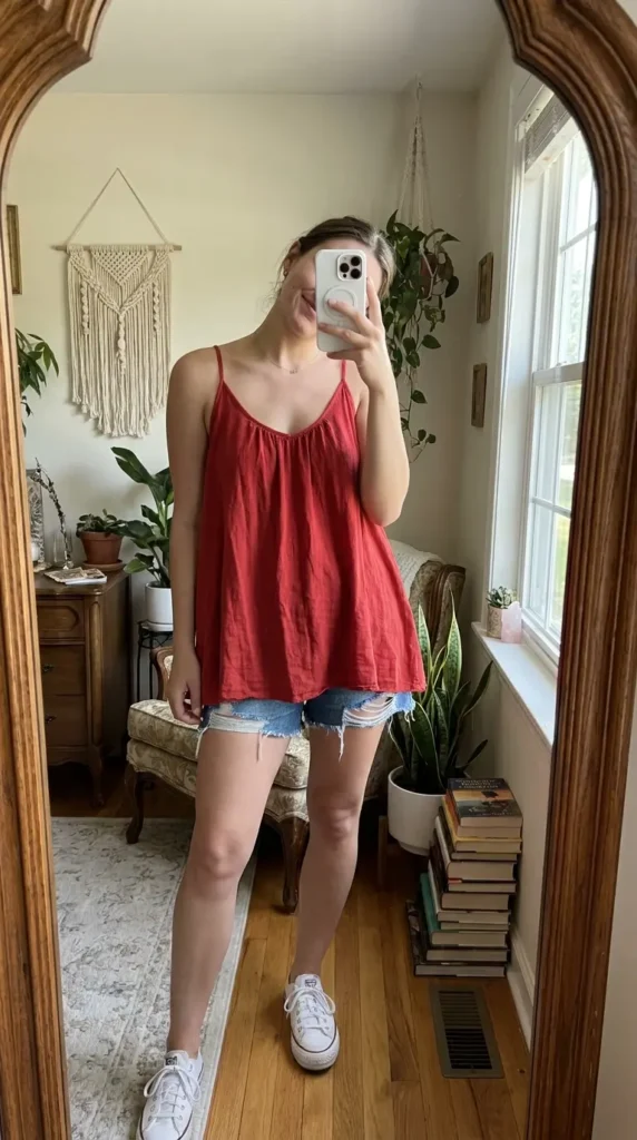 "Casual Red Dress Outfit Ideas: red cami top layered with denim shorts and white sneakers"
