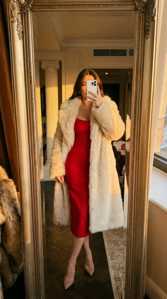 Red Dress Winter Outfits glam look: fitted red dress paired with an ivory faux fur coat.
