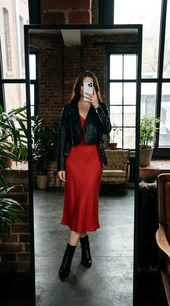 Red Dress Winter Outfits edgy look: red slip dress paired with a black leather moto jacket.