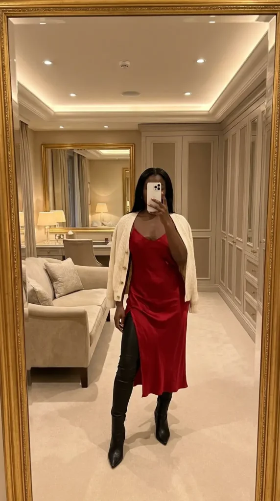 Sophisticated Black woman in red satin slip dress with leather pants and cardigan for red dress outfit ideas designed for Black women