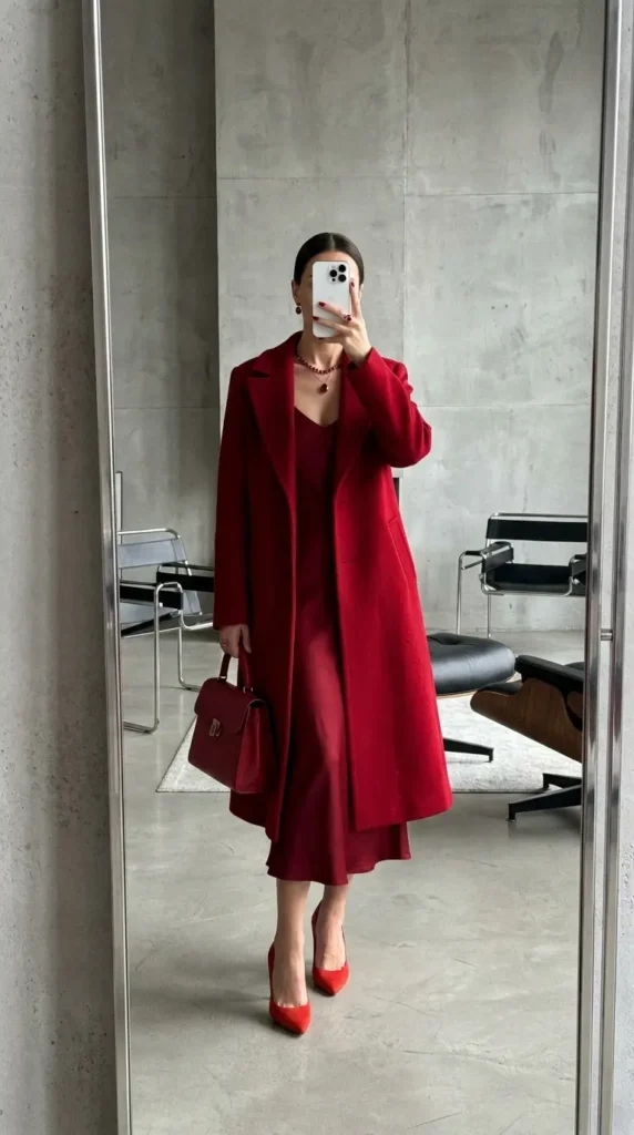 Red Dress Winter Outfits monochrome look: red slip dress, matching long coat, bag, and heels.