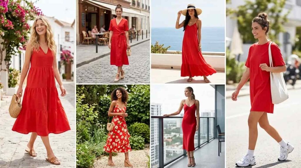 Collage of Red Dress Outfits to Steal This Summer, from tiered midis to flowy maxis and slip dresses