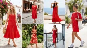 Collage of Red Dress Outfits to Steal This Summer, from tiered midis to flowy maxis and slip dresses
