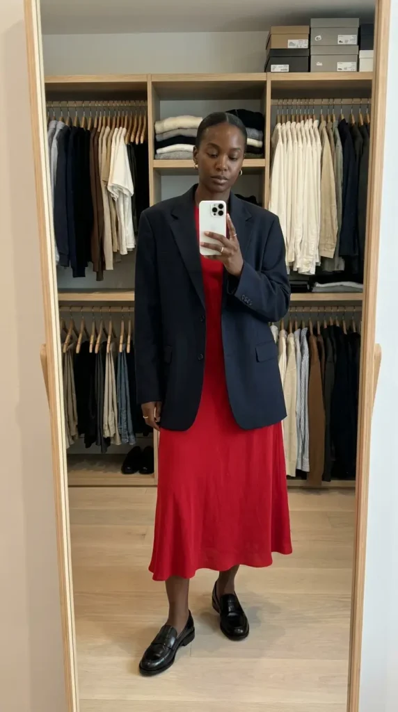 Black woman in red midi dress under navy oversized blazer and loafers for red dress outfit ideas designed for Black women.