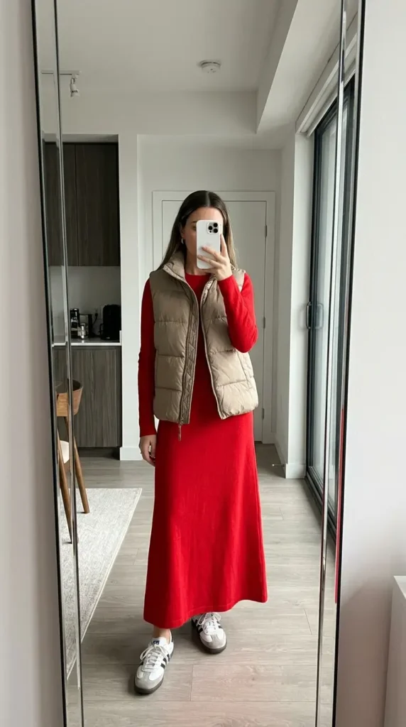 Red Dress Winter Outfits casual layer: red knit maxi dress under a tan puffer vest.