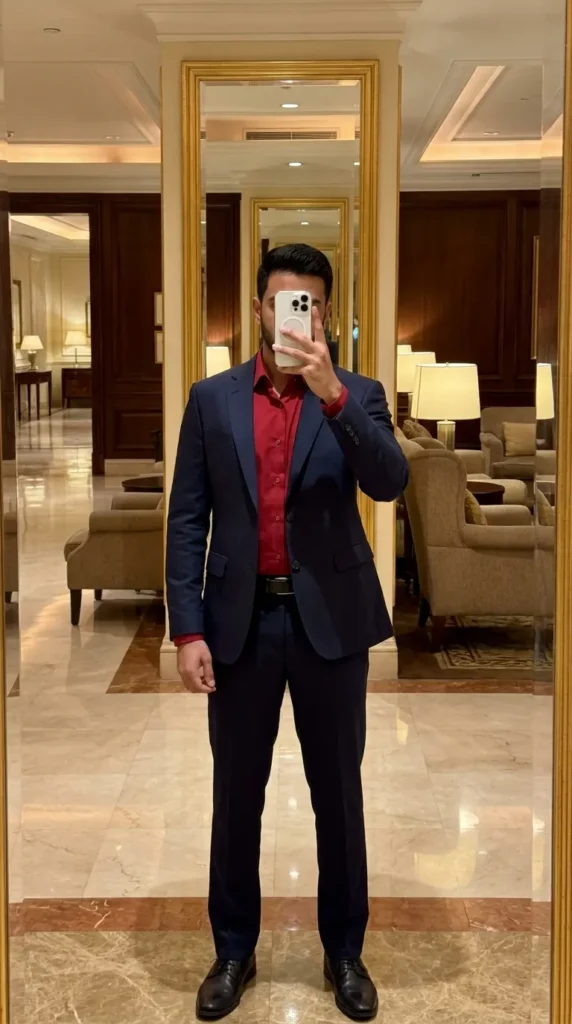 Man in navy suit with red dress shirt luxury lobby selfie from 20 Red Outfit Ideas for Men That Actually Slay