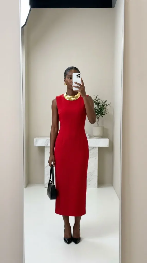 Stylish Black woman in sleeveless red midi dress with bold gold necklace for red dress outfit ideas designed for Black women.