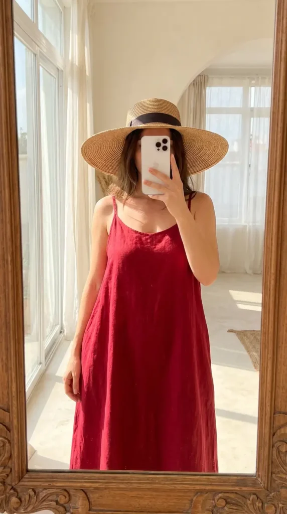 "Casual Red Dress Outfit Ideas: red slip dress accessorized with a wide-brim straw hat"
