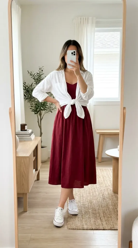 "Casual Red Dress Outfit Ideas: burgundy midi dress with a white button-up tied at waist"
