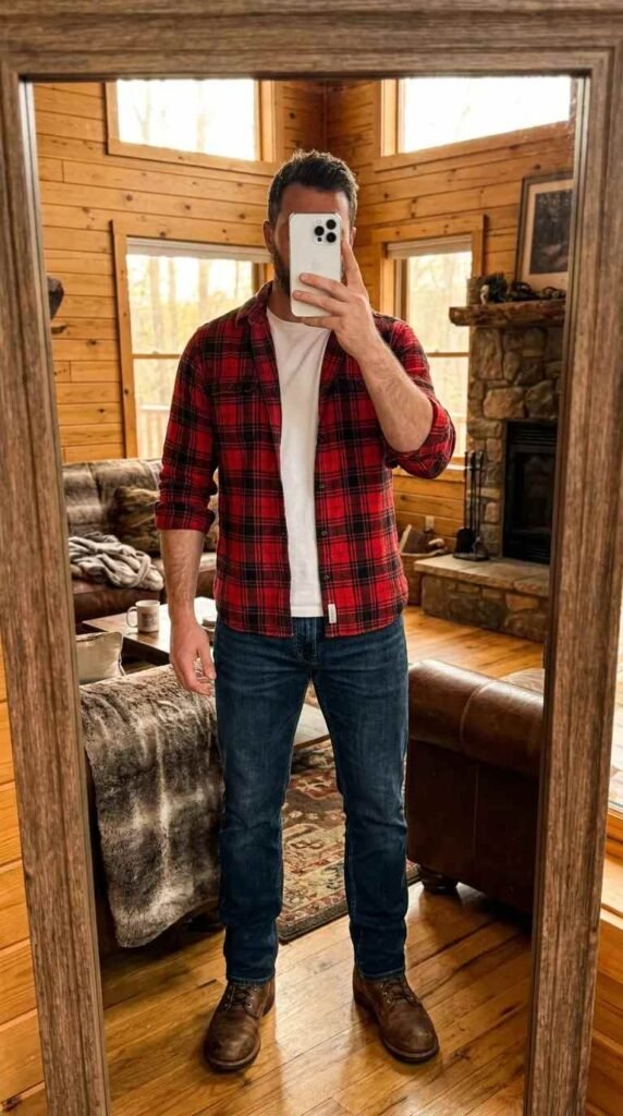 Man in red flannel over white tee with jeans in cabin mirror from 20 Red Outfit Ideas for Men That Actually Slay