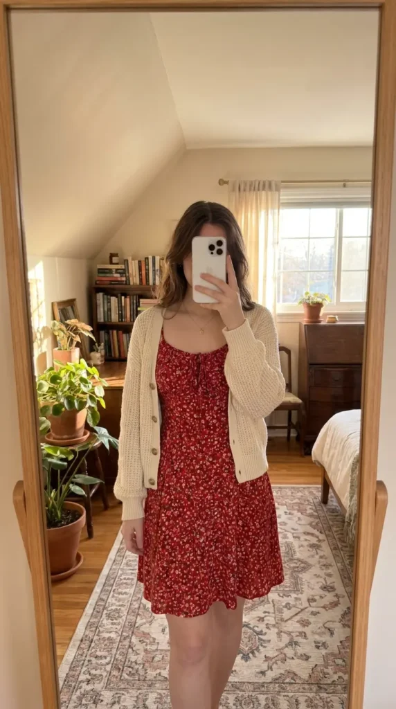 "Casual Red Dress Outfit Ideas: red floral mini dress paired with a cozy cream cardigan"
