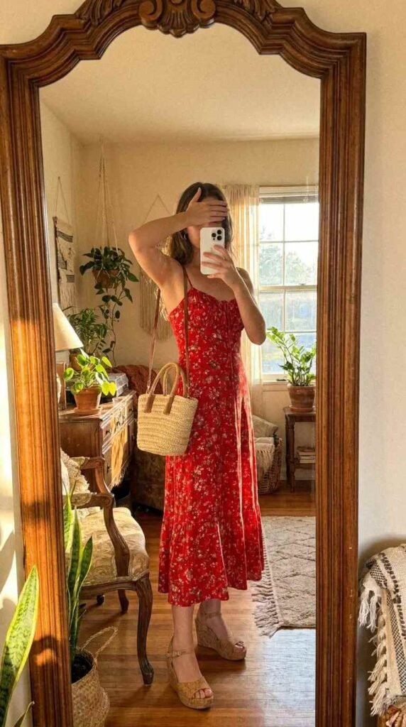 Red floral maxi dress with cork wedges — Red Dress Outfits to Steal This Summer for boho date nights