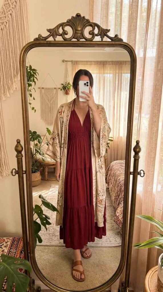 "Casual Red Dress Outfit Ideas: burgundy halter maxi dress layered with an embroidered kimono"
