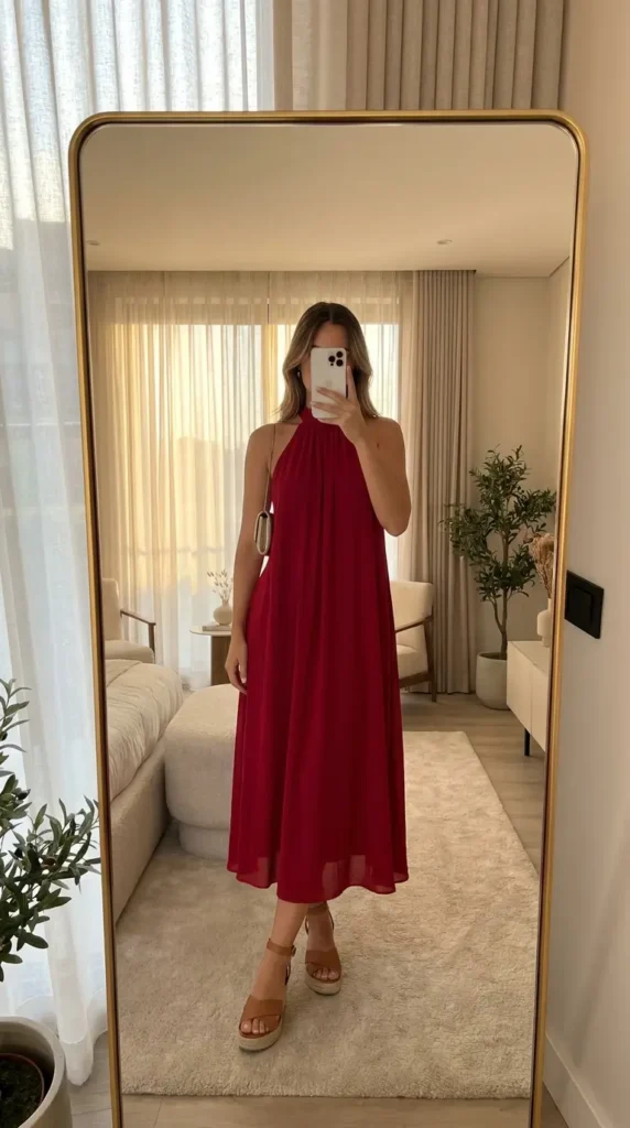 Flowy red halter midi dress with wedge sandals, breezy Red Dress Outfits to Steal This Summer style