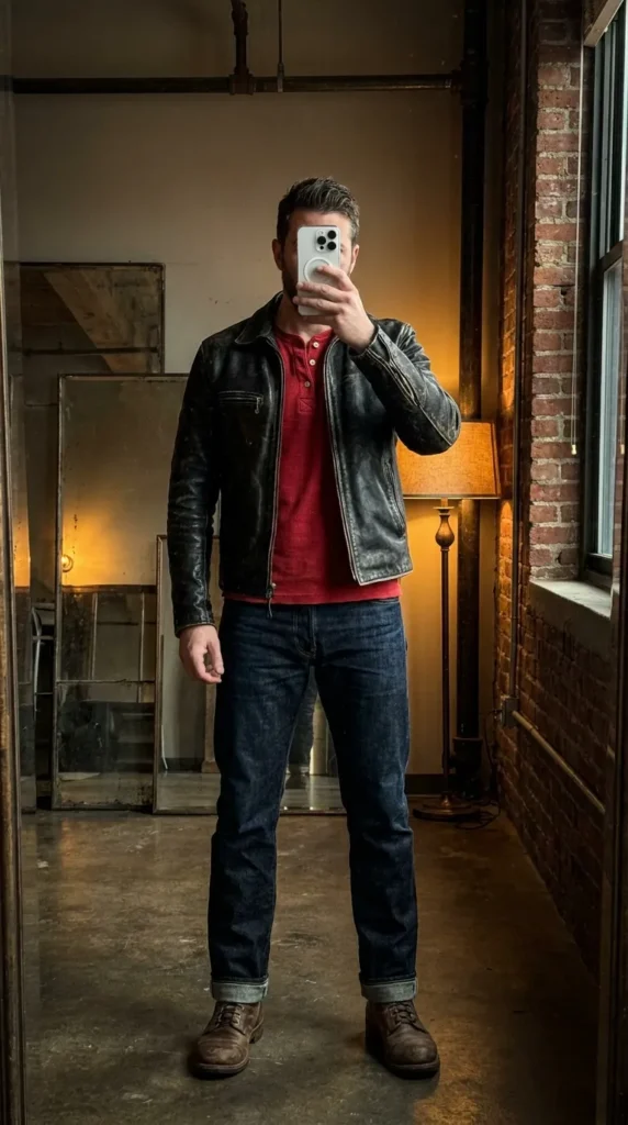 Man in red henley under black leather jacket industrial selfie from 20 Red Outfit Ideas for Men That Actually Slay