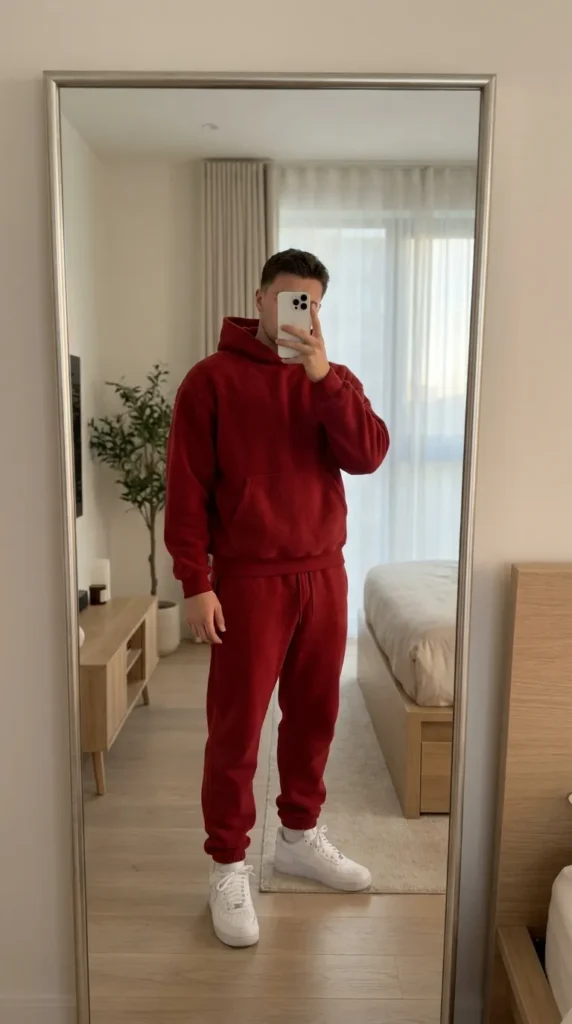 Man in matching red hoodie and joggers bedroom selfie from 20 Red Outfit Ideas for Men That Actually Slay
