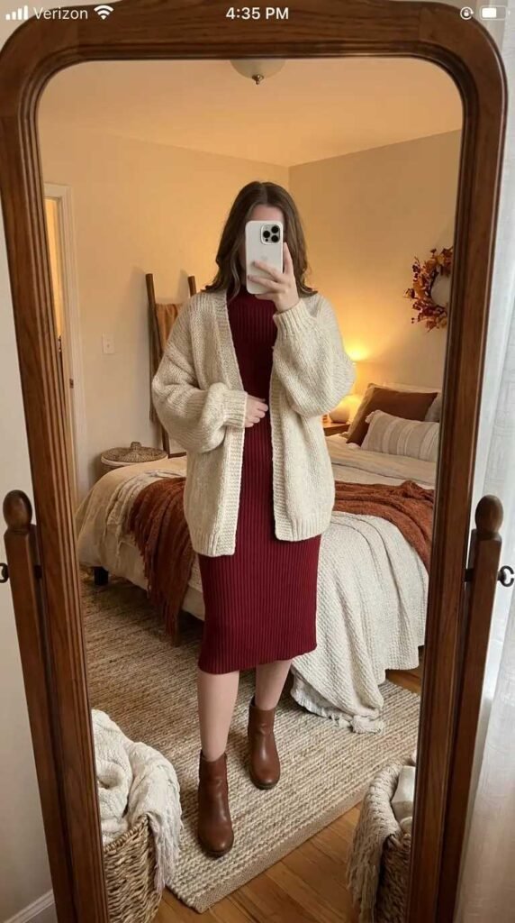 "Casual Red Dress Outfit Ideas: burgundy knit dress with cream cardigan and brown ankle boots"

