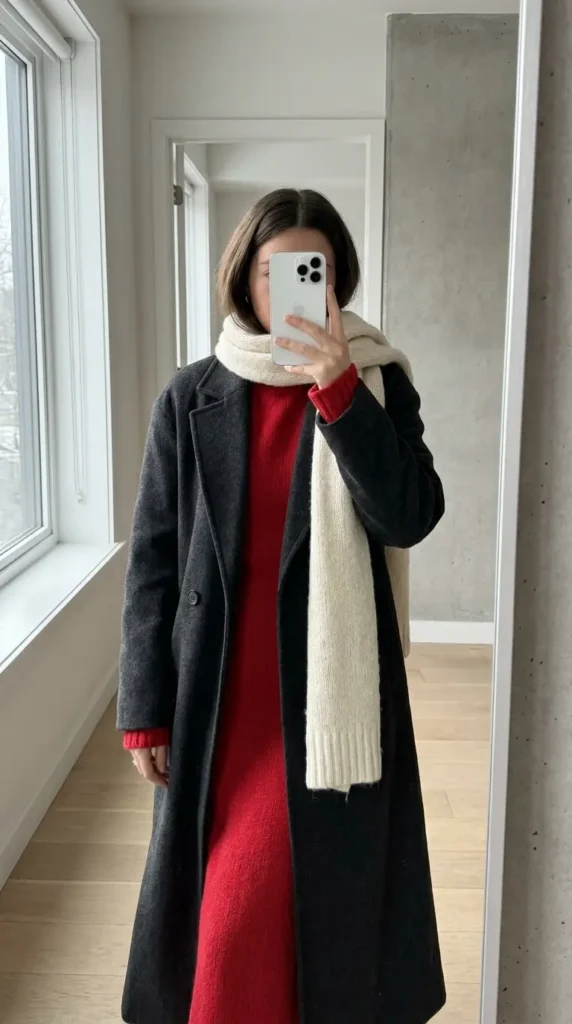 Red Dress Winter Outfits with a red knit dress layered under a long charcoal wool coat.