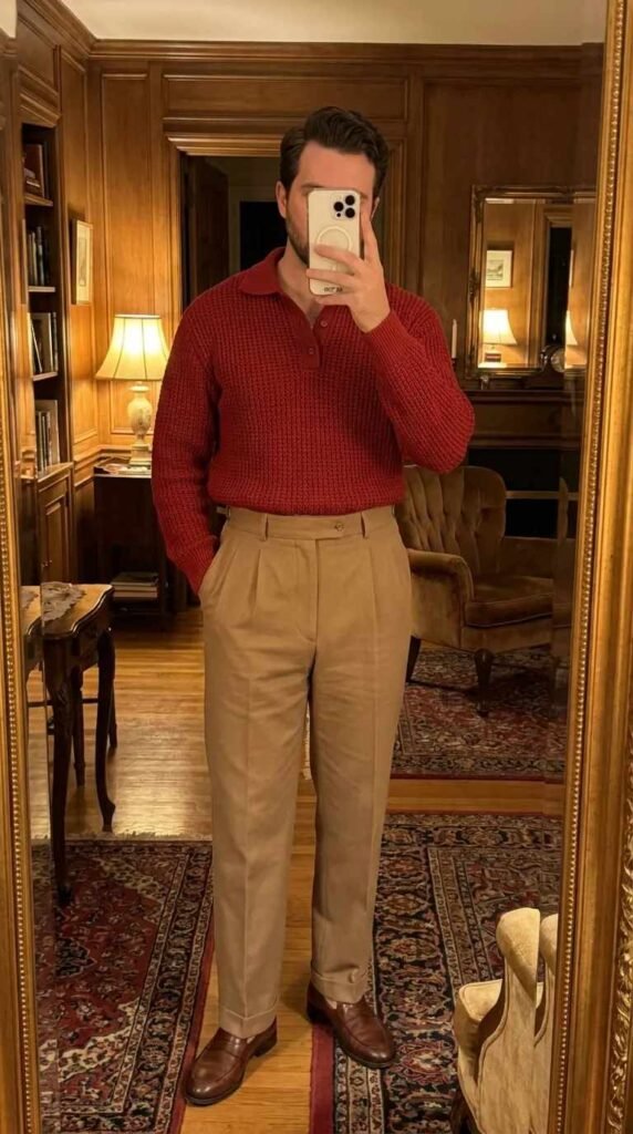 Man in red knit polo and beige trousers classic room selfie from 20 Red Outfit Ideas for Men That Actually Slay