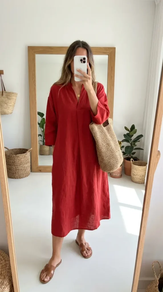 Relaxed red linen midi dress with a woven tote bag, a casual Red Dress Outfits to Steal This Summer pick
Characters: 108